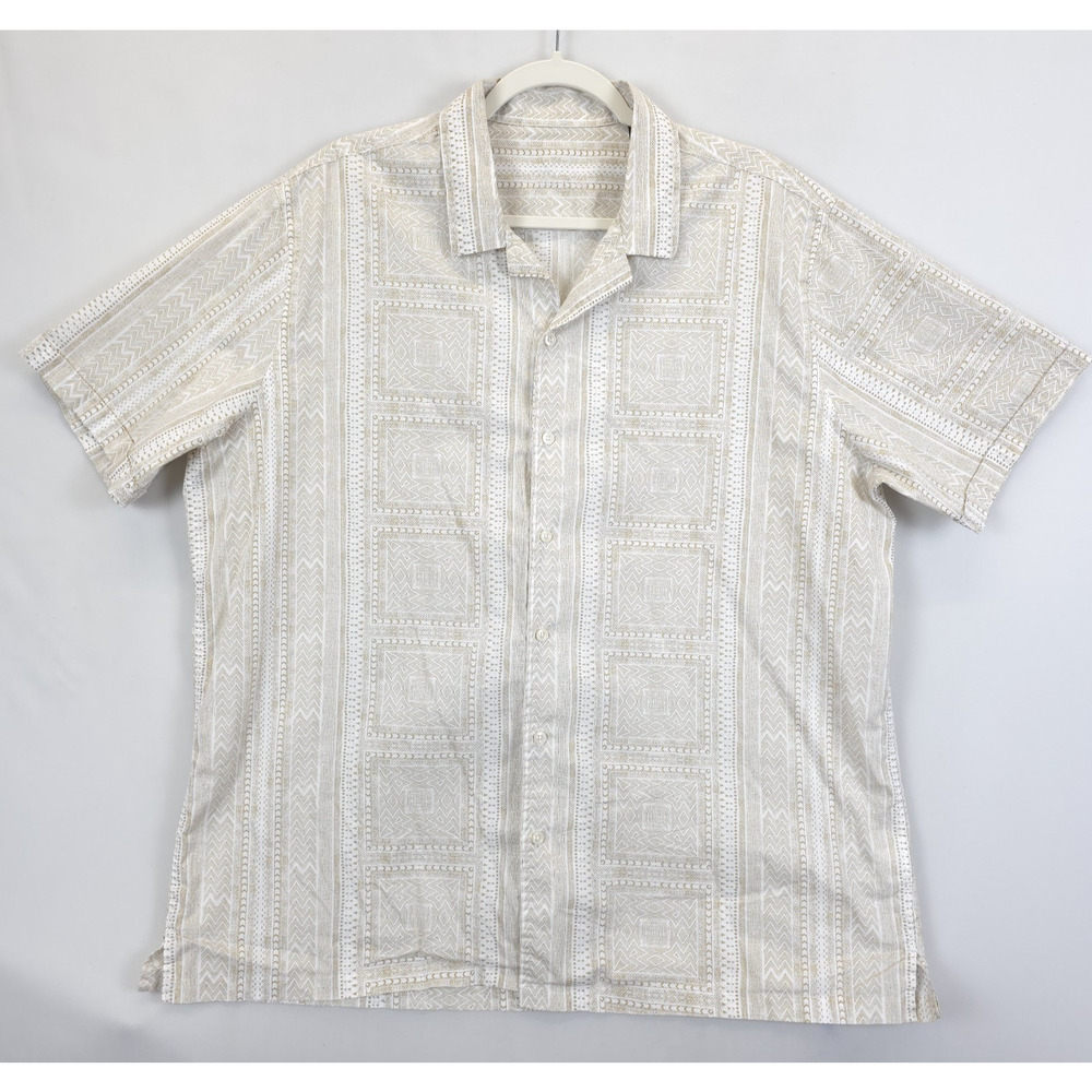 Macy's Camp‎ Button Up Shirt Men XL Short Sleeve Printed Tan White Causal Office